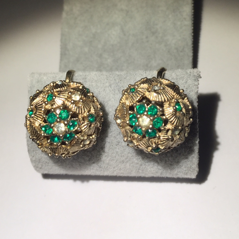 Vintage Gold Tone Earrings Emerald Color Stones